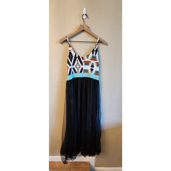Rowdy Crowd Clothing Aztec Cowgirl Tulle Maxi Dress SZ Small Southwestern - Picture 2 of 12